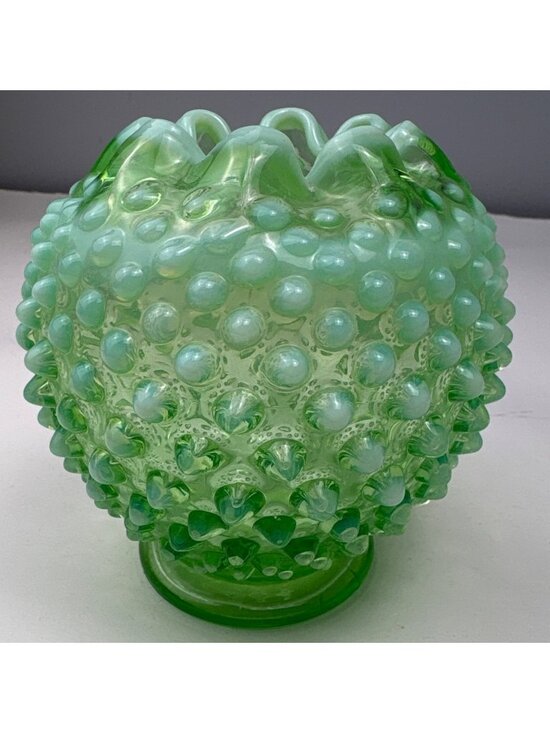 Fenton Other - Fenton Green Opalescent Hobnail Vase Ruffled Edge Vintage Elegant Collectible De